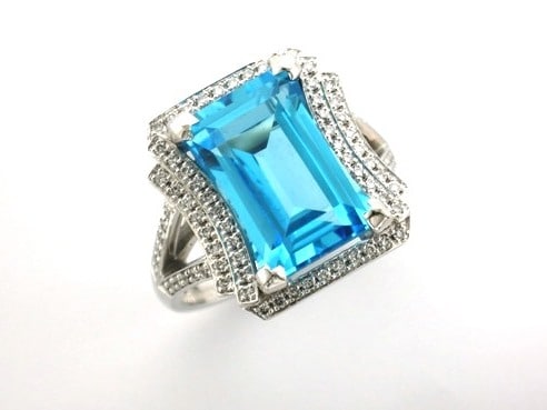 Annmarie Bespoke Gemstone Ring with designed with blue topaz & pave set diamonds as a truly unique engagement ring.