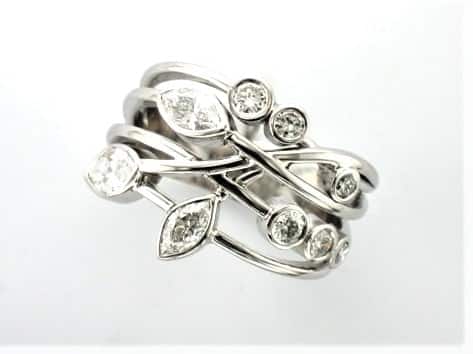 Dana is a Bespoke Diamond Ring designed as a Signature Brook Wave Ring for a special celebration. Dana was custom made in 18ct White Gold featuring Marquise & Brilliant Cut Diamonds as a Right Hand Ring. 