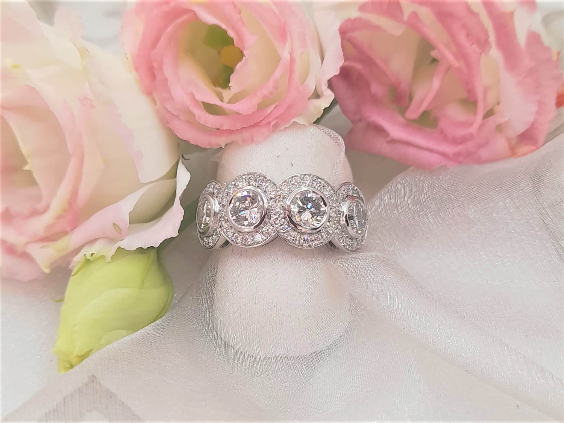 Dazzling Bespoke Diamond Ring designed using Brilliant Cut Diamonds from client's existing sentimental ring, with pave set halo detail added for that 'Wow Factor' by Pearl Perfect