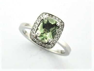 Korinne Bespoke Gemstone Ring set with Green Beryl & Diamonds in 18ct White Gold as a unique & subtle engagement ring.