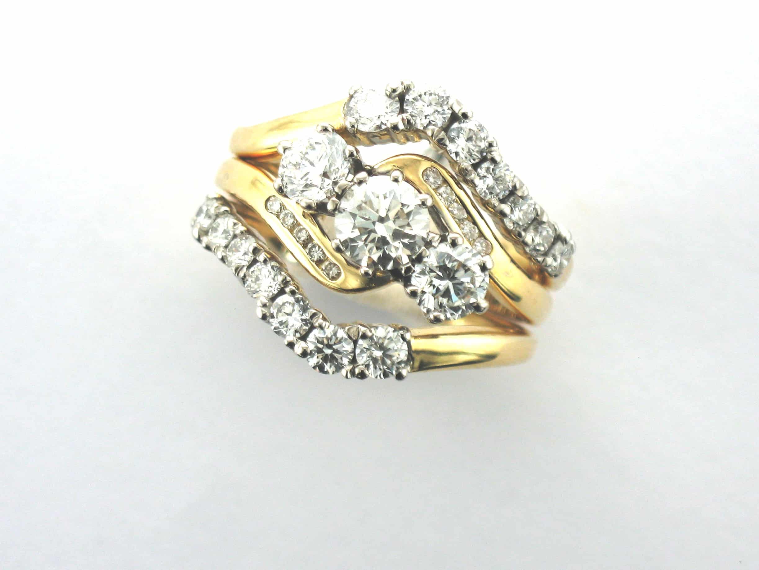 Elaine Bespoke Diamond Rings designed as Partner Rings for this Classic Engagement ring in 18ct gold by Pearl Perfect