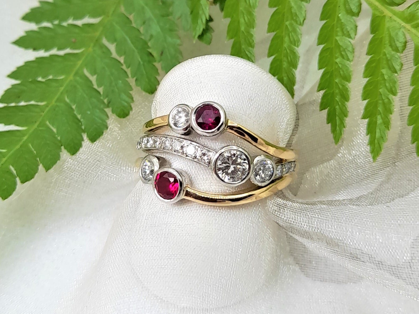 Sadie is a Bespoke Diamond Ring designed as a Signature Brook Wave Ring worn as an Engagement & Wedding Ring all in one, re-modelled in 18ct Yellow & White Gold by Pearl Perfect Design Room