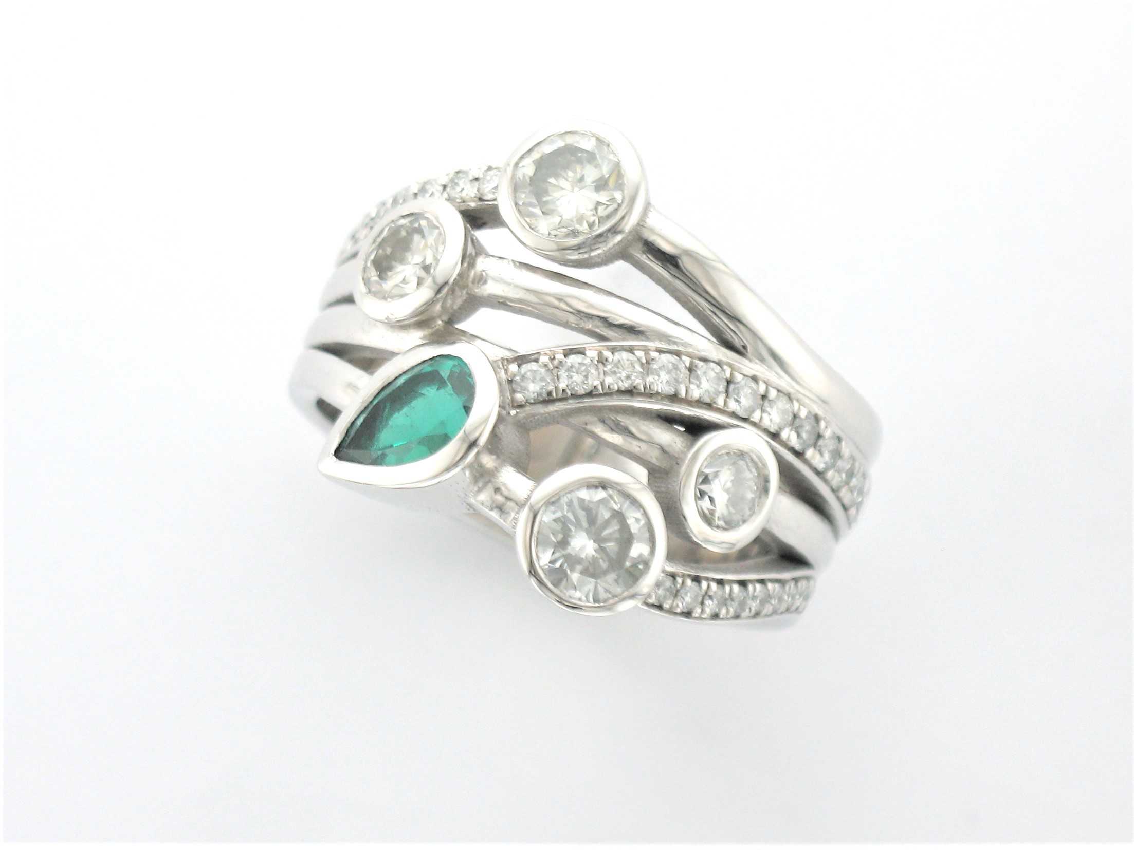 Bella is a Bespoke Diamond Ring designed as a Signature Brook Wave Ring worn as a Right Hand Ring in 18ct White gold by Pearl Perfect.