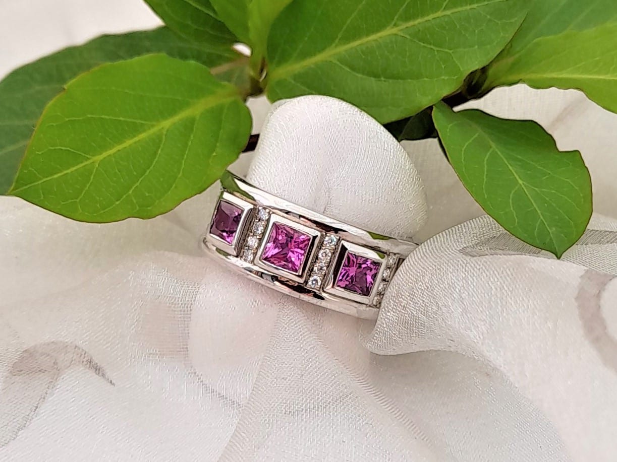 Saoirse Bespoke Diamond Ring Custom made in 9ct White Gold with Pink Sapphires & Diamonds