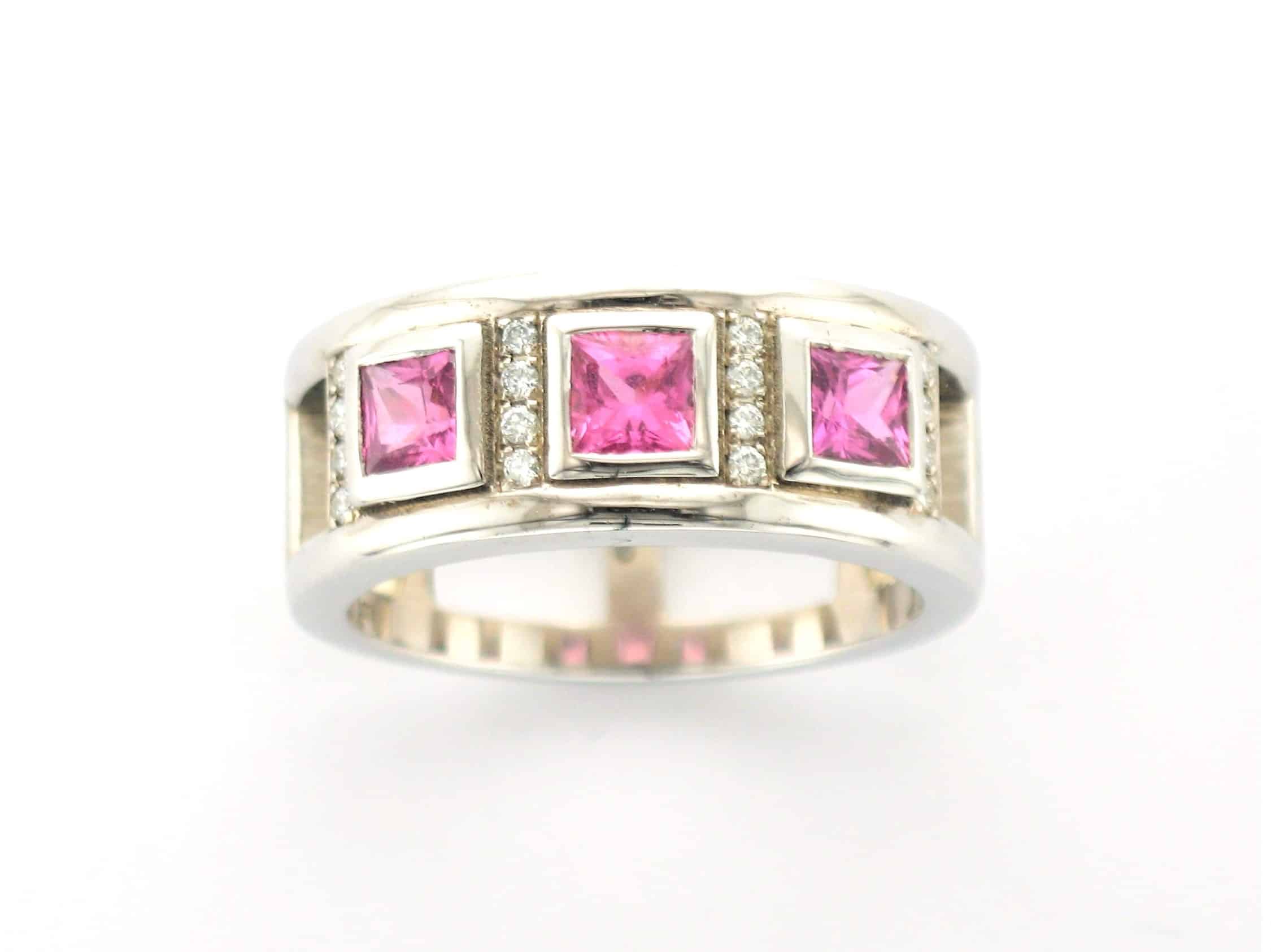 Saoirse Bespoke Diamond Ring Custom made in 9ct White Gold with Pink Sapphires & Diamonds
