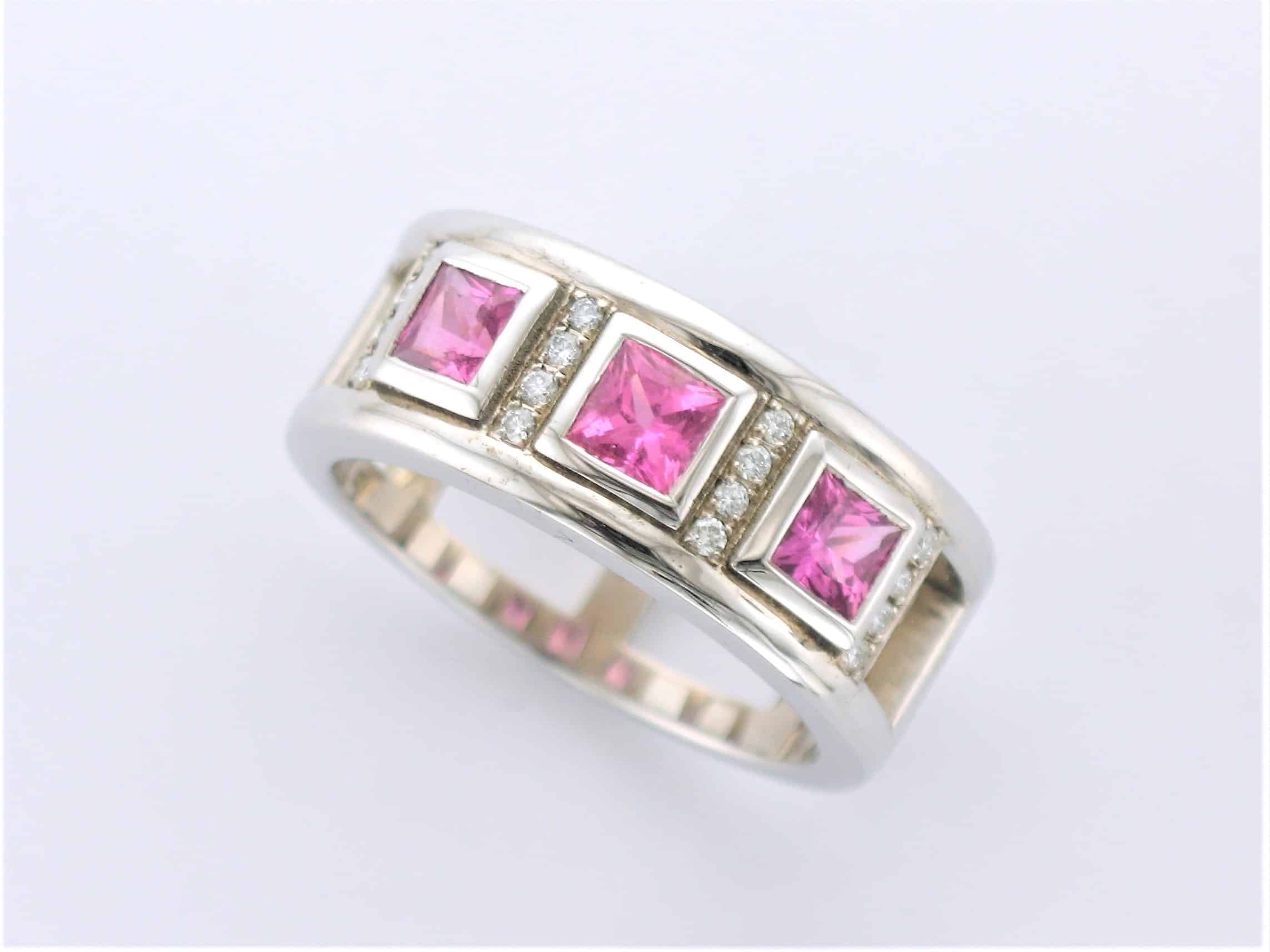 Saoirse Bespoke Diamond Ring Custom made in 9ct White Gold with Pink Sapphires & Diamonds