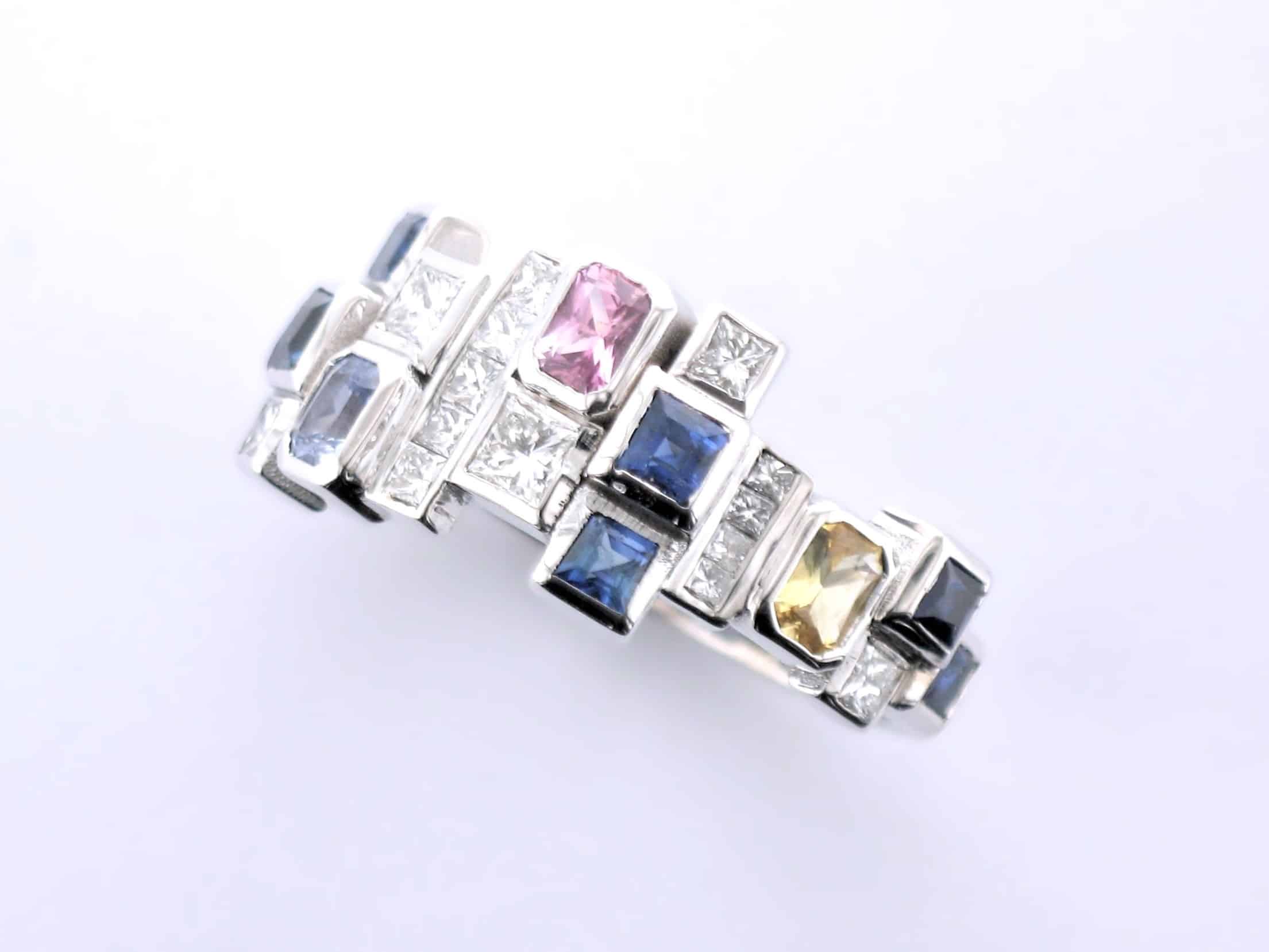 Stunning Bespoke Gemstone Ring designed with Fancy Coloured Sapphires & Princess Cut Diamonds in 18ct White Gold by Pearl Perfect Design Room